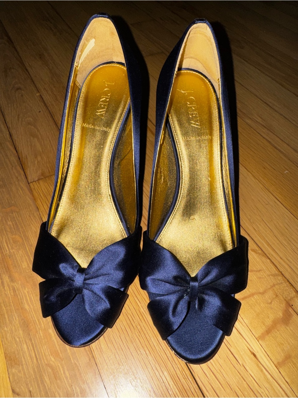 J. Crew Navy Satin Bow Peep-Toe Heels